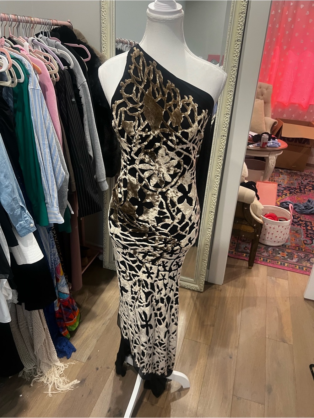 Pamela Dennis One-Shoulder Black and Gold Velvet/ Chiffon Patterned Maxi Dress